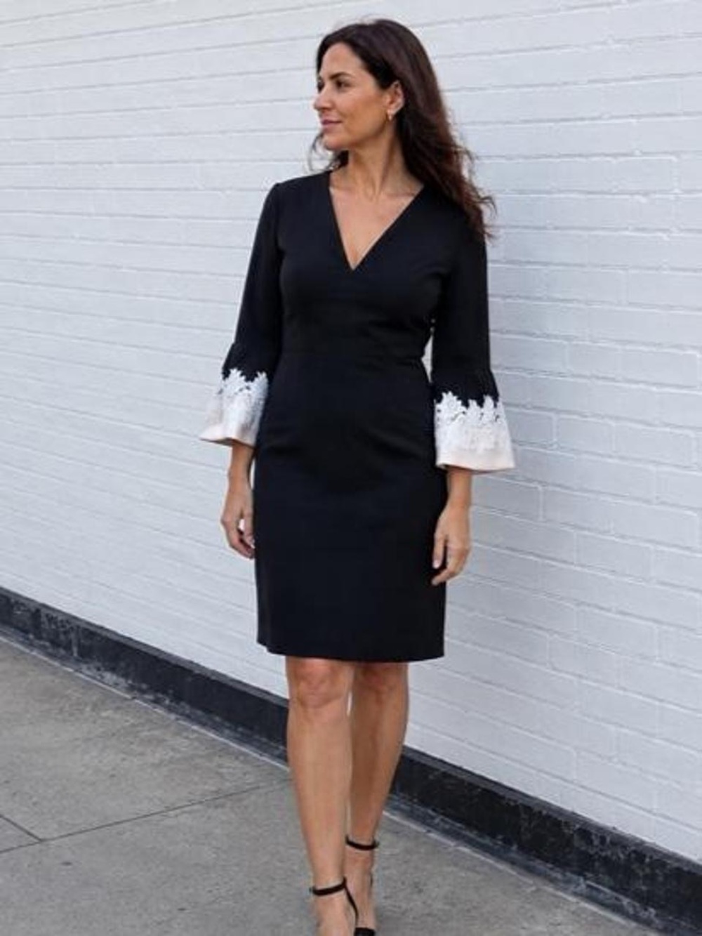 Ted Baker Black V-Neck Rastrel Sheath Dress with White Lace Bell Sleeves